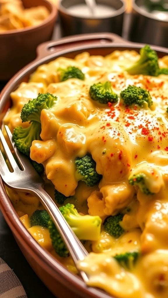 A bubbling low carb chicken and broccoli casserole topped with melted cheese in a rustic baking dish.